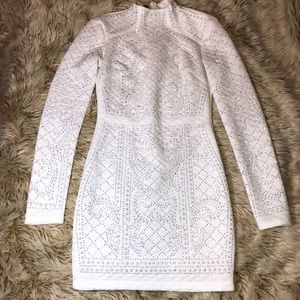 Bebe White Long Sleeve Dress with Opal Rhinestones